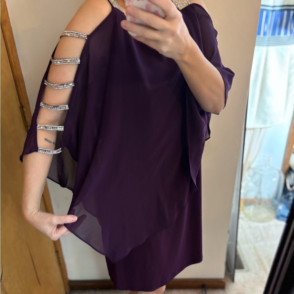 MSK Rhinestone Sleeve Embellished Cape Sheath Dress Plum Purple